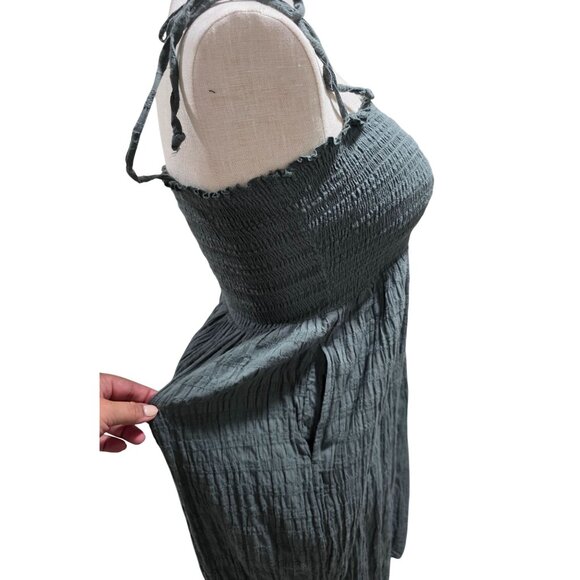 Aerie Green Smocked Midi Dress With Tie Straps & Button Front - Picture 8 of 8